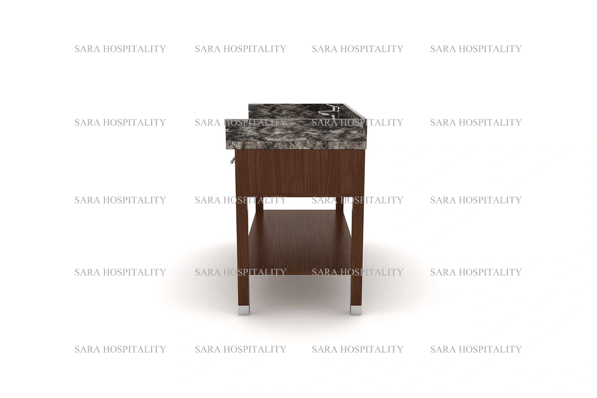 Premium natural stone counter offering a thick, structural appearance and a smooth reflective surface for an elegant washroom aesthetic