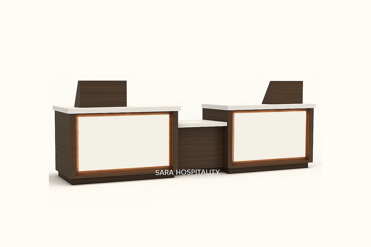 Sleek two-person reception counter showcasing a shared privacy riser with clean, linear accent paneling and concealed cable-management channels