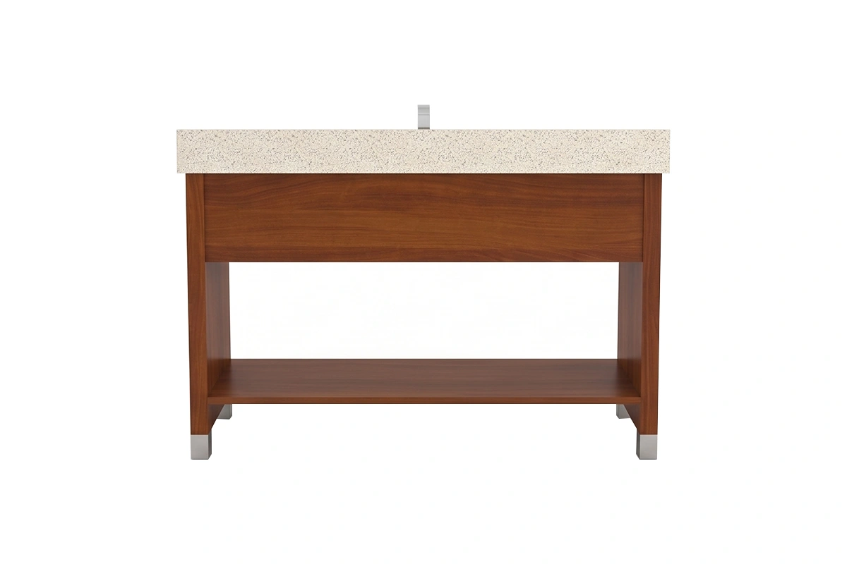 Minimalist apron-style vanity station featuring a low-profile integrated counter and an uninterrupted visual flow across its high-quality front shielding