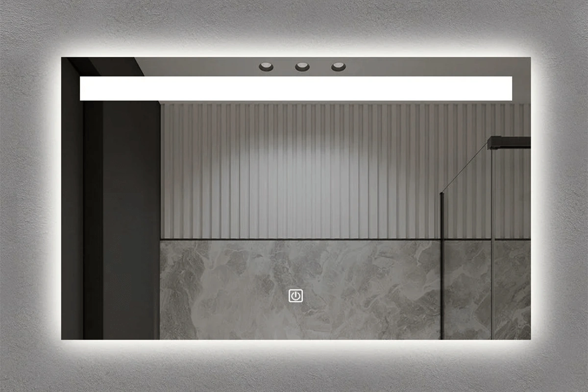 Modern wide-frame LED mirror with a luminous frosted border for hotel vanities