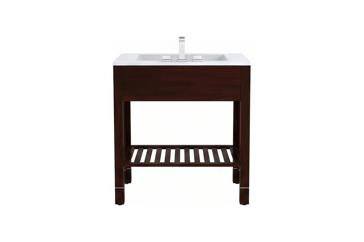 Minimalist decorative vanity station featuring a low-profile counter surface and a uniform, high-quality finish over an open, intersecting grid framework