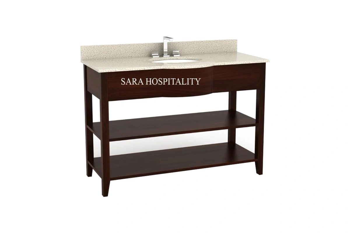 Modern lower shelf vanity top featuring an integrated solid-surface basin and a clean-lined architectural frame with a spacious, low-slung storage tier
