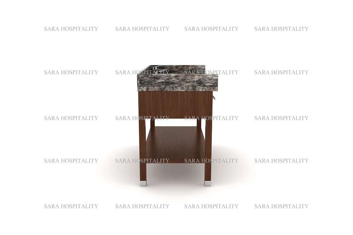 Architectural stone vanity top showcasing a substantial silhouette and a sophisticated, multi-tonal speckled grain