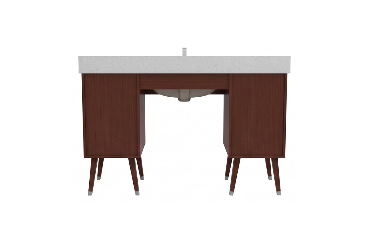 Contemporary dual-station vanity unit with a sturdy monolithic surface, providing ample personal deck space for two users