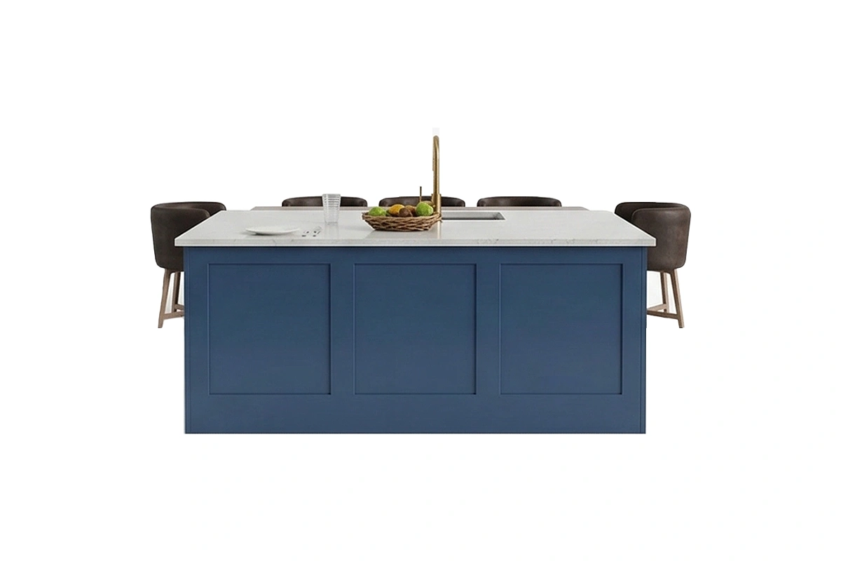 Minimalist full-coverage island surface featuring a low-profile edge and an uninterrupted visual flow across an open-plan kitchen layout