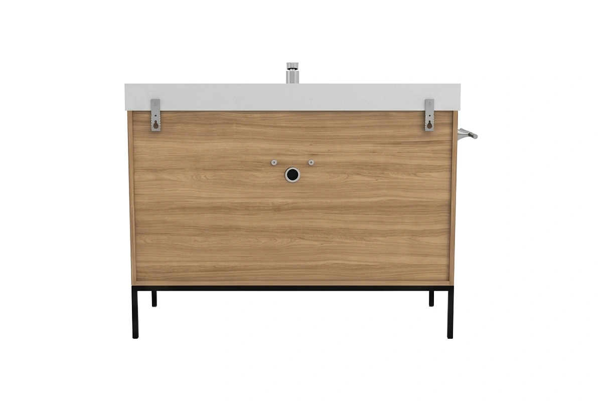 Contemporary integrated vanity unit with a sturdy monolithic top and smart, space-maximizing cabinetry configurations