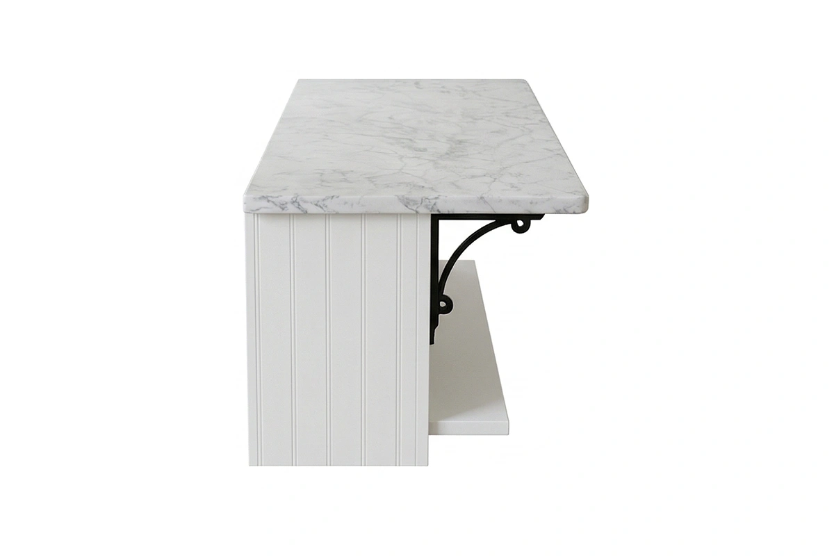 Sleek designer kitchen island showcasing a continuous stone or wood grain that wraps over the edge for a refined, high-end aesthetic