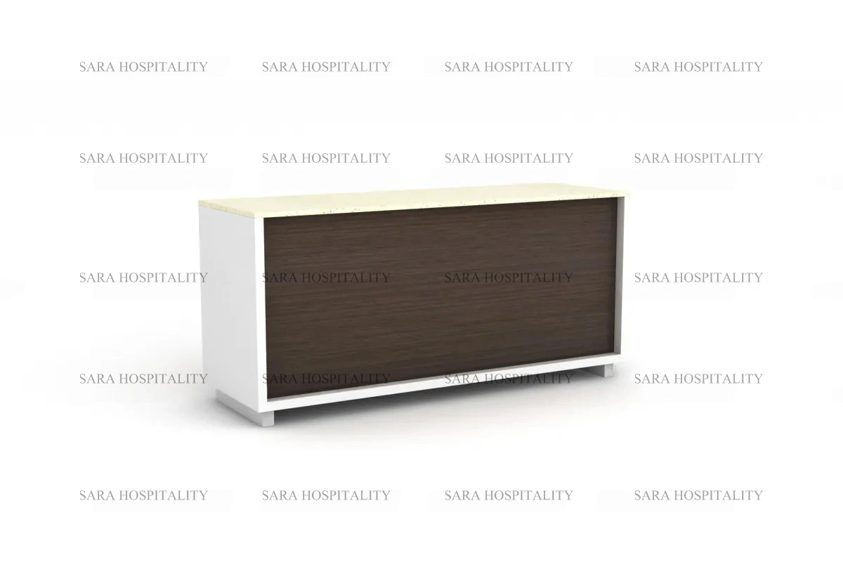 Modern reception front desk featuring a high-profile privacy screen and a seamless, expansive work surface