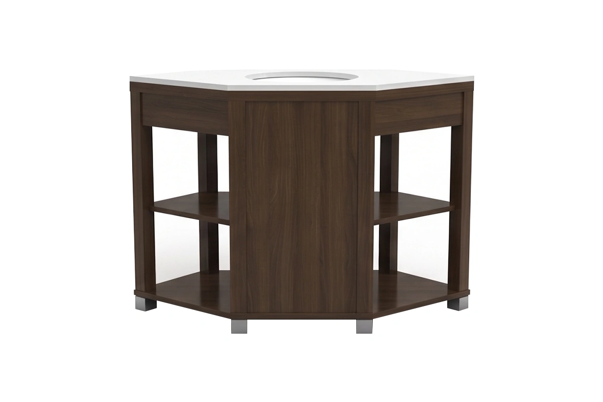 Contemporary open-shelf vanity unit with a sturdy monolithic top and a clean, slatted open-concept base