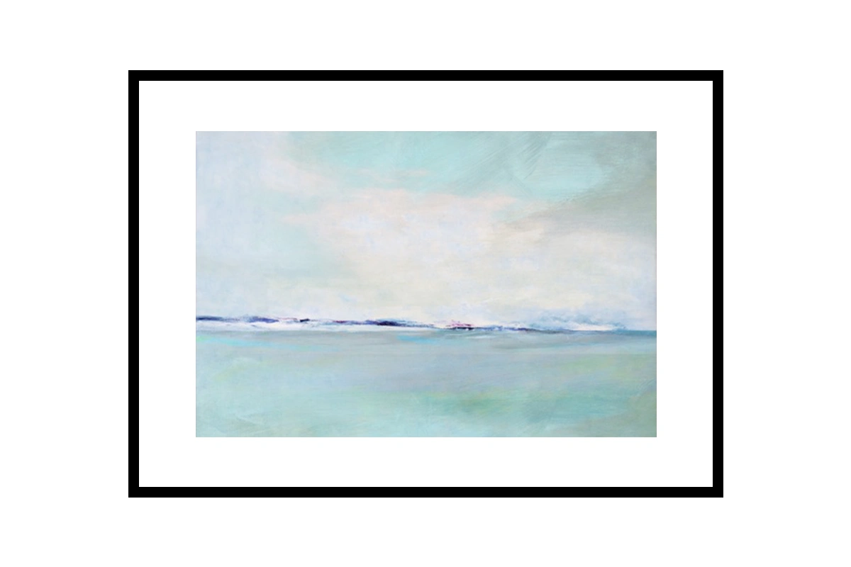 Modern coastal painting featuring a serene shoreline with soft waves and a hazy horizon
