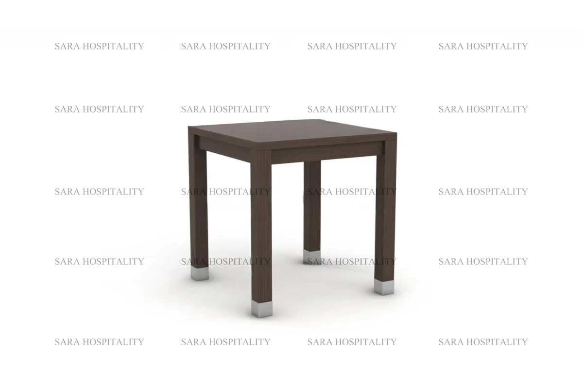 Contemporary square accent table with low-profile supports and a refined, thick-edge surface