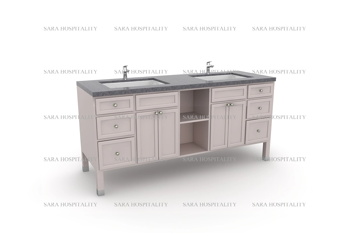 Contemporary double-basin countertop featuring a wide central landing area and a smooth, polished neutral finish