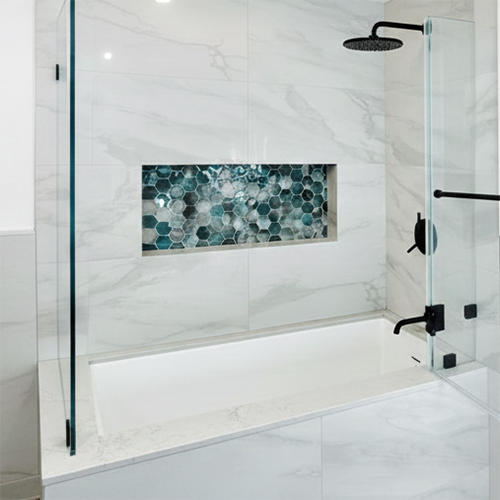 Custom alcove tub shower surround for upscale interiors