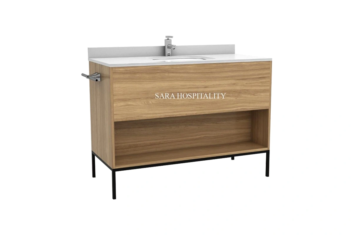 Modern storage vanity top featuring an integrated solid-surface basin and an organized, multi-tier hidden compartment layout