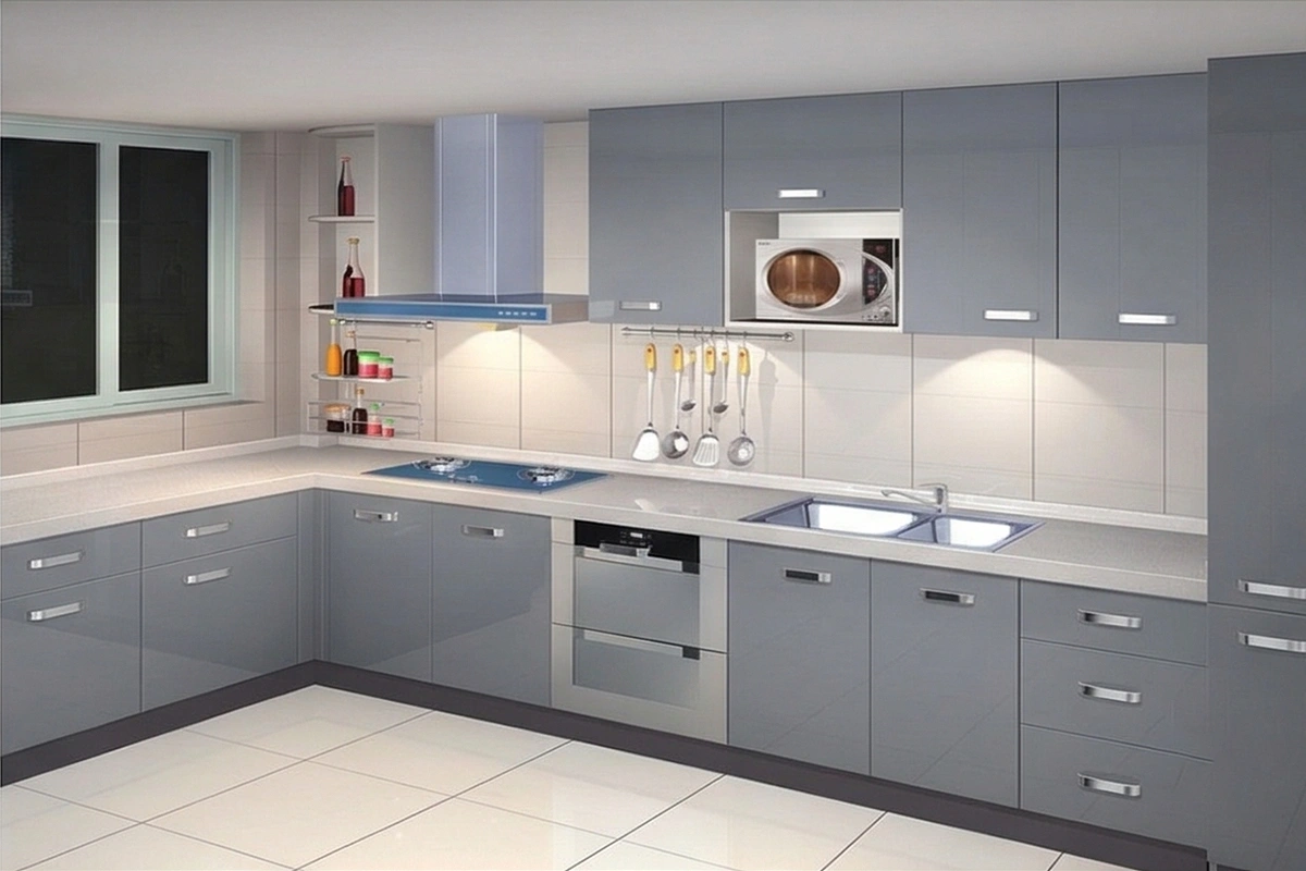 Minimalist linear kitchen unit featuring integrated storage and a low-profile, architectural frame that maximizes efficiency
