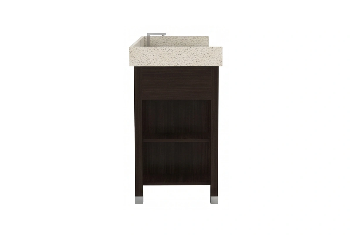 Minimalist architectural vanity station offering crisp right angles and an unobstructed look down to the floor