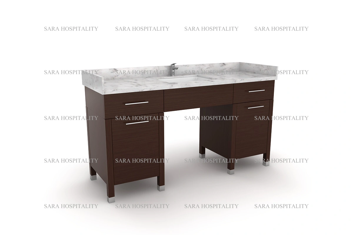 Modern dual-basin vanity top crafted from durable natural stone with a thick, mitered edge and pre-drilled faucet holes