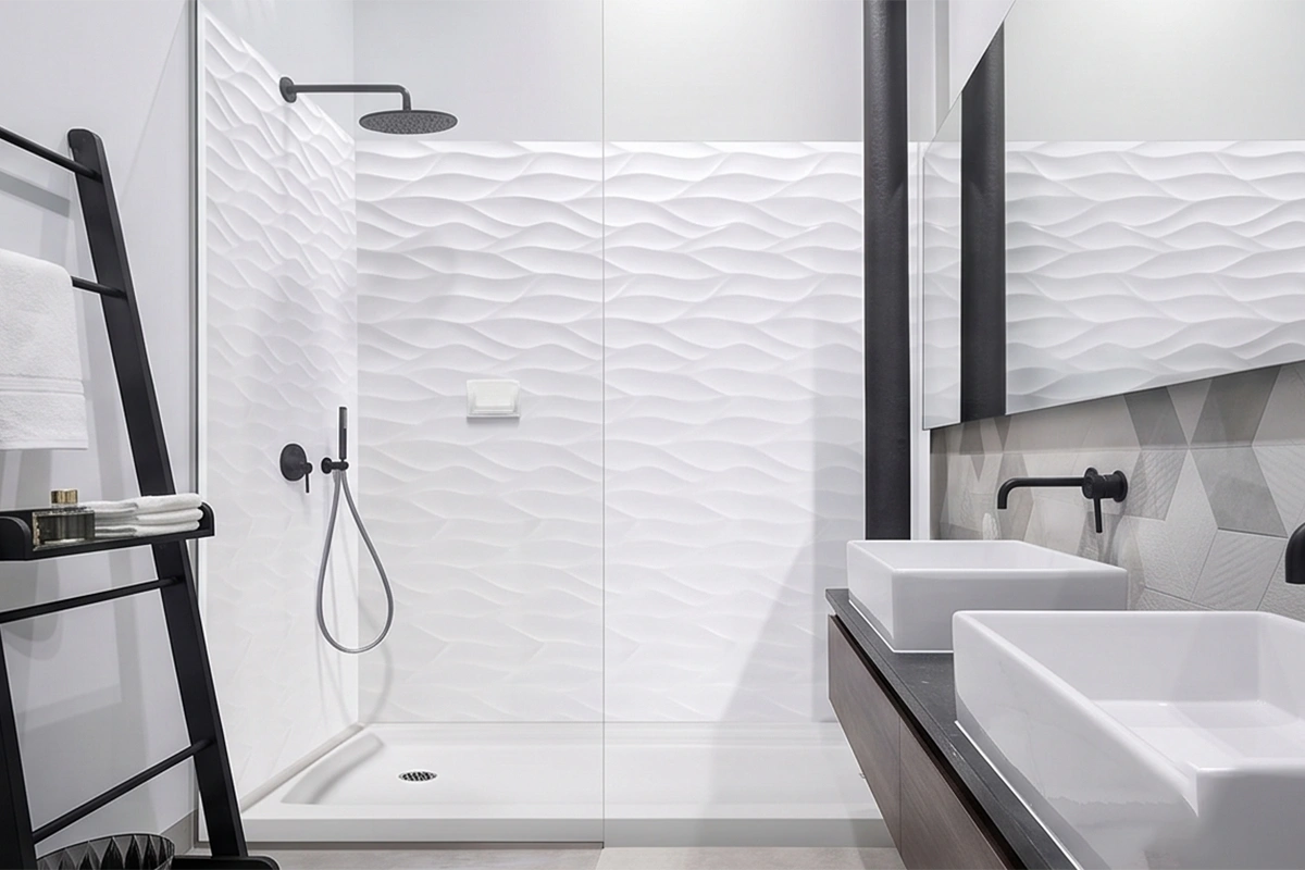 Minimalist transparent-fit surround station offering complete, heavy-duty moisture protection and an ultra-smooth finish visible from any angle