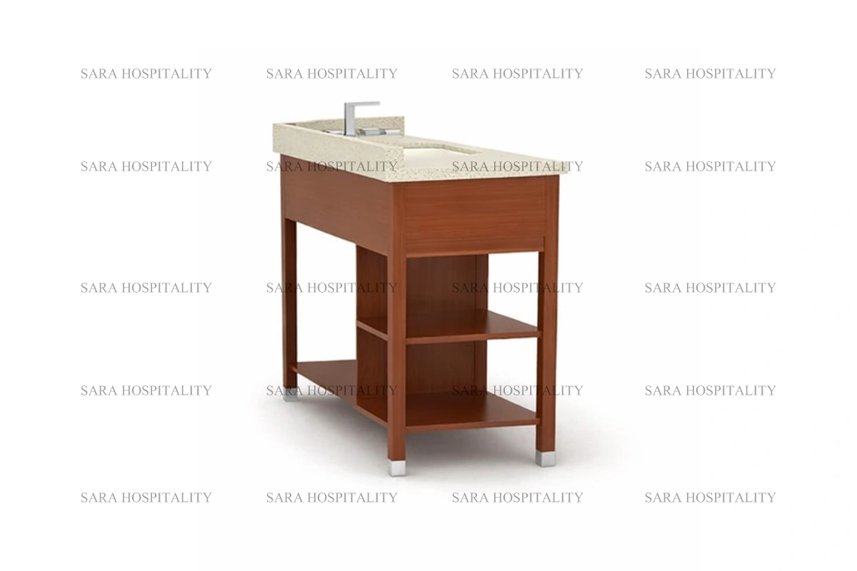 Contemporary double sink frame vanity base designed for spacious boutique hotel suites