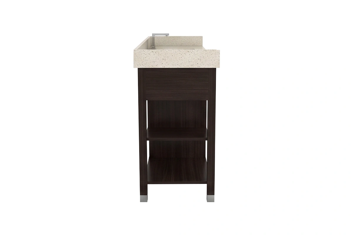 Contemporary open-base vanity unit with a sturdy, monolithic top and exposed, streamlined supporting legs tailored for a boutique hotel-inspired look