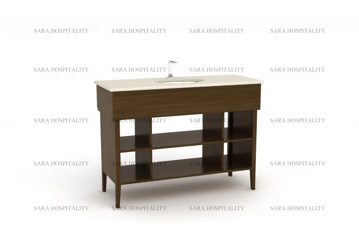 Modern compact dual shelf vanity base for space-efficient hotel guest bathrooms