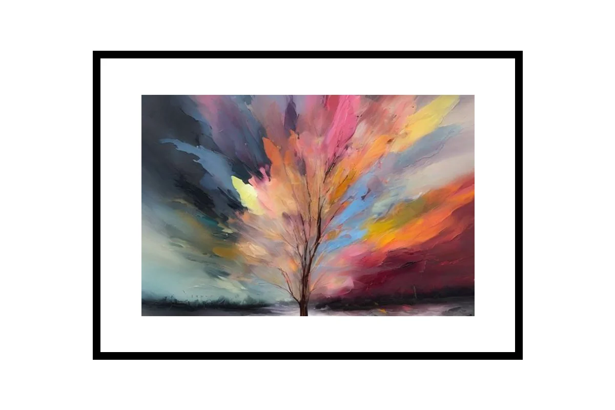 Vibrant abstract painting featuring an explosion of multi-colored paint splashes on a clean white canvas