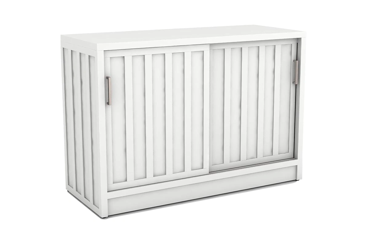 Modern slatted front media unit featuring clean lines and hidden wire management for components