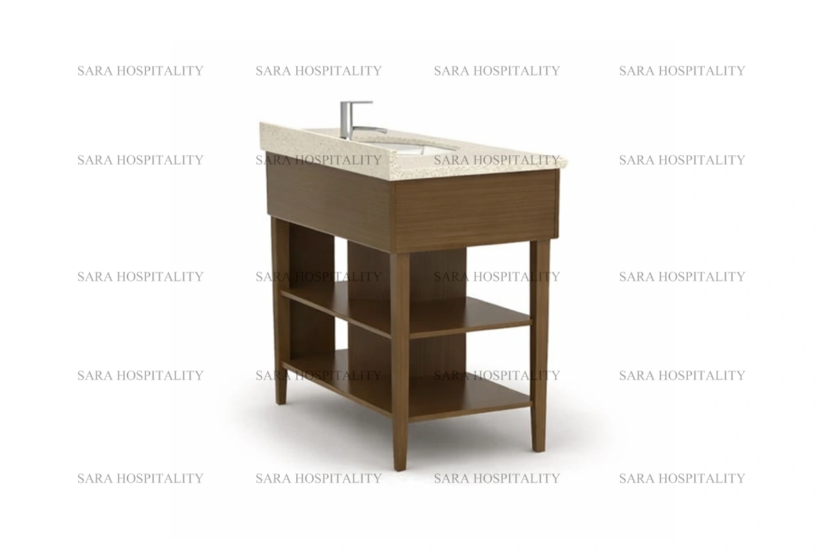 Contemporary compact dual shelf vanity base designed for boutique hotel ensuites