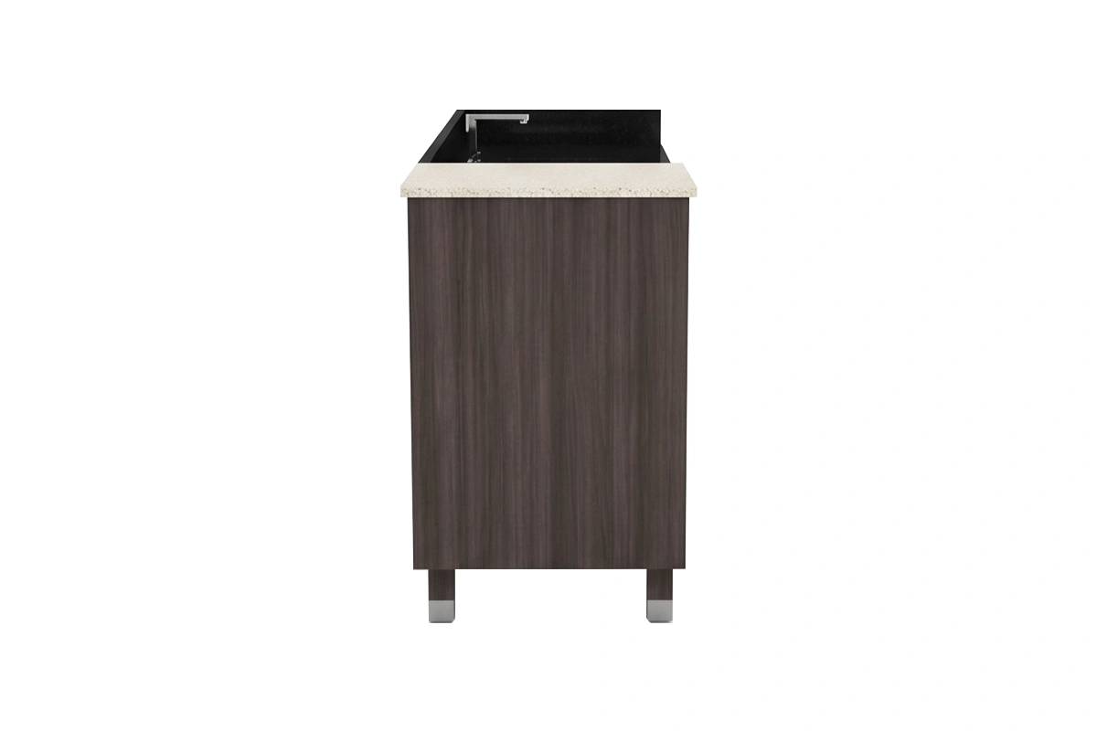 Minimalist geometric vanity station offering a streamlined front panel and highly functional deep-drawer access