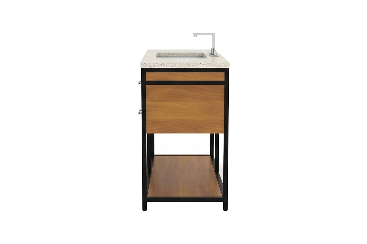 Contemporary tiered-drawer vanity unit with a sturdy, monolithic top and integrated hardware-free drawer fronts that maximize seamless storage