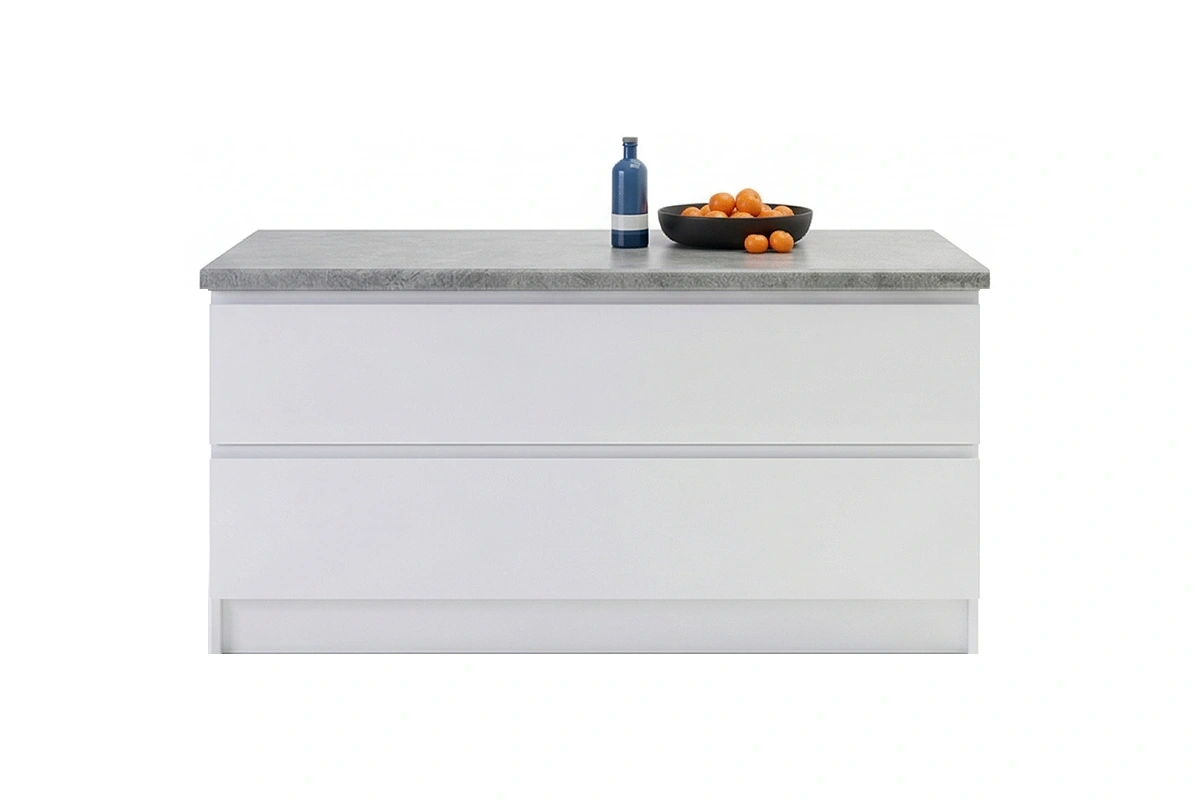 Sleek architectural counter showcasing a substantial mitered edge and a clean-lined, minimalist aesthetic