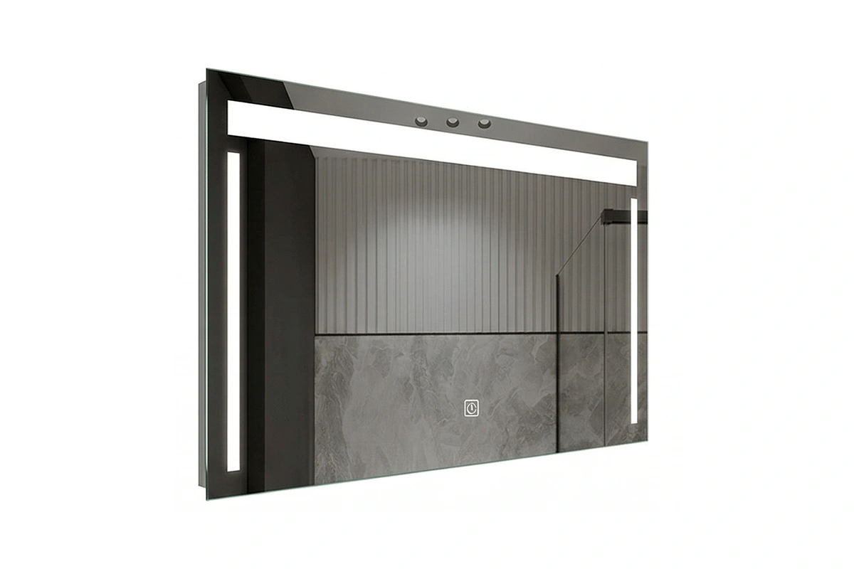 Hospitality-grade rectangular lighted mirror featuring a broad integrated glow