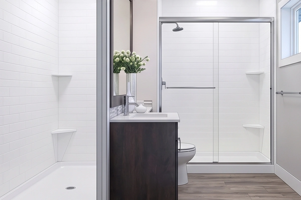 Contemporary connected shower surround with a sturdy monolithic panel design, engineered to eliminate tight gaps between the vanity cabinet and the splash zone