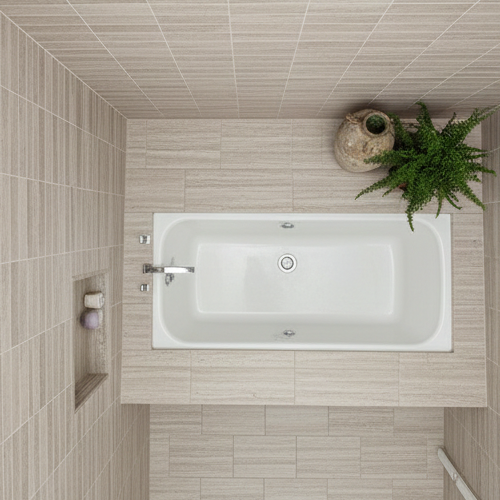 Luxury bathroom quartz tub surround with horizontal pattern