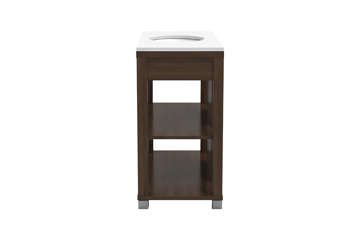 Sleek slatted-rack vanity counter showcasing an airy bottom shelf perfect for neatly stacked hotel-style towels