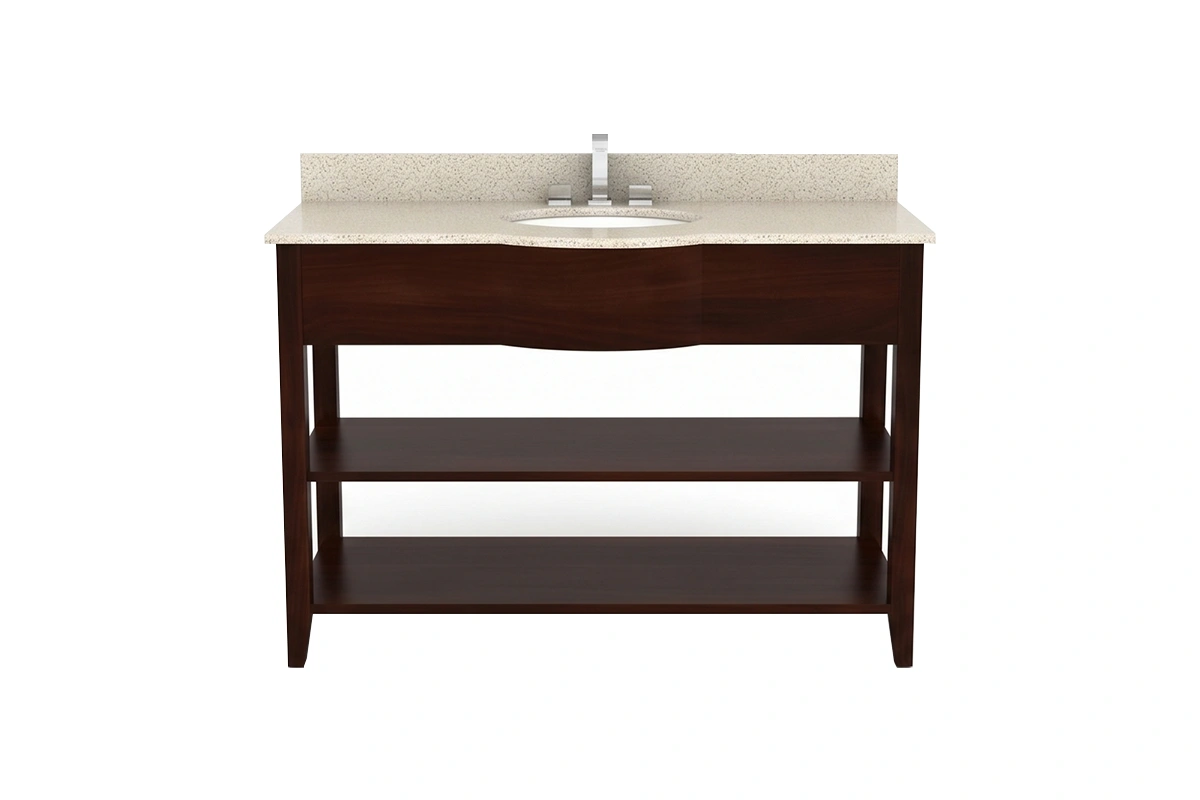 Sleek hospitality-style vanity unit showcasing an open lower shelf and a refined, minimalist silhouette for an airy, expansive bathroom aesthetic