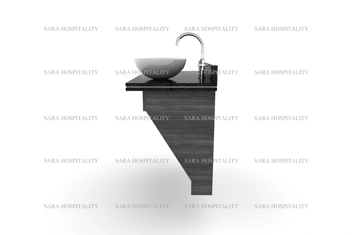 Sophisticated granite counter offering a substantial silhouette and a clean, seamless backdrop for a designer vessel sink setup