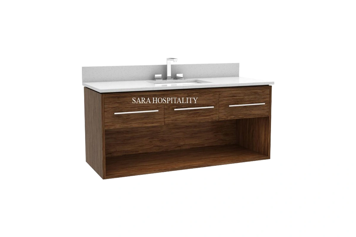 Modern horizontal drawer vanity featuring an integrated solid-surface basin and a wide, linear pull-out storage design
