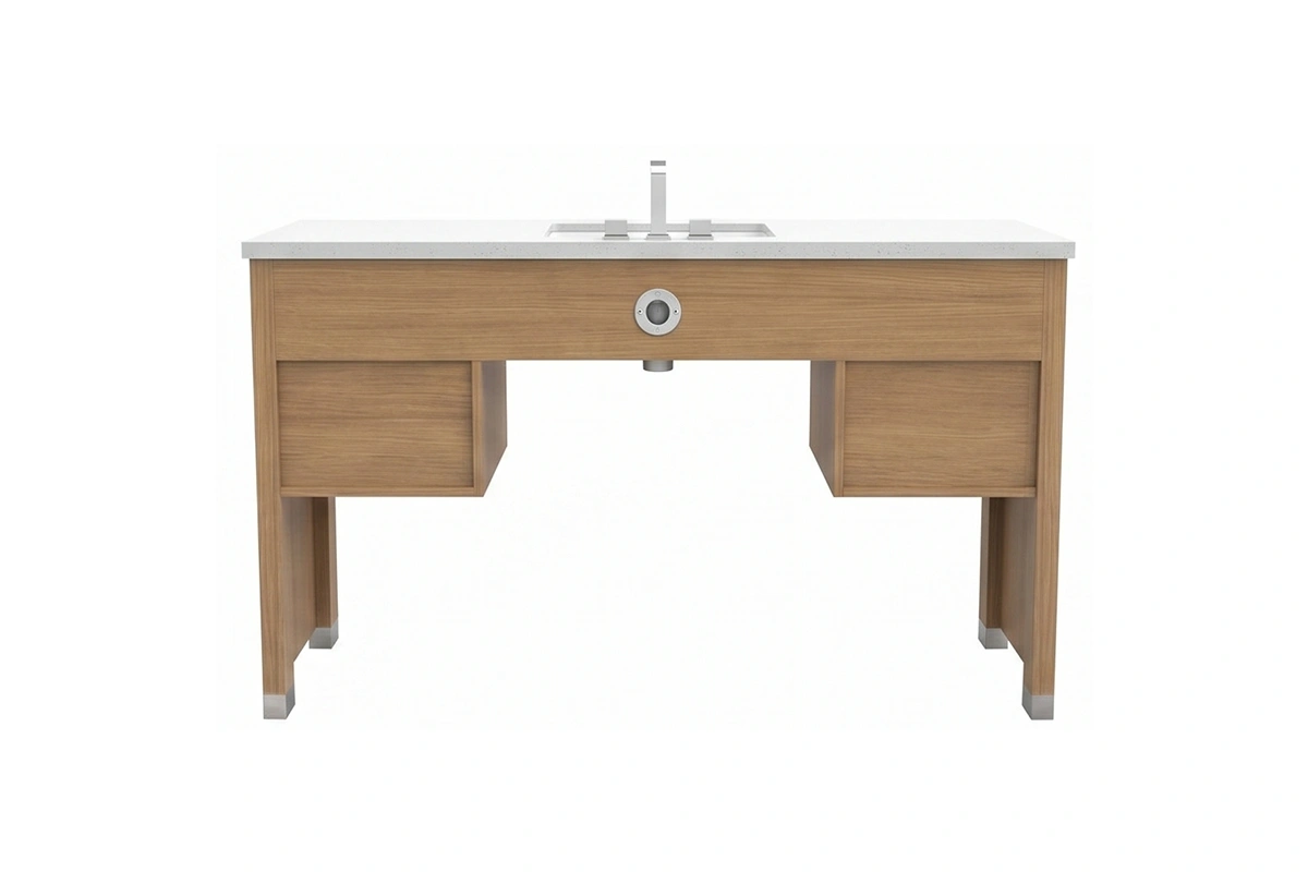 Contemporary multi-sided vanity unit with a sturdy monolithic surface designed to maximize usable deck space