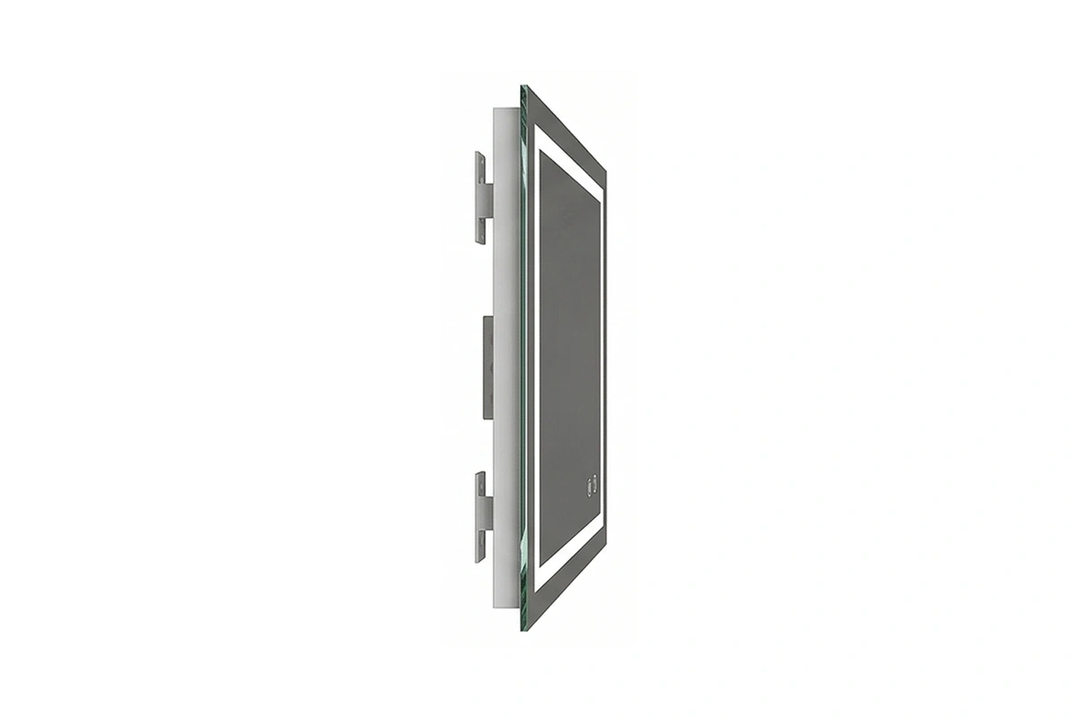 Hospitality-grade illuminated wall mirror with a sleek edge-lit rectangular design