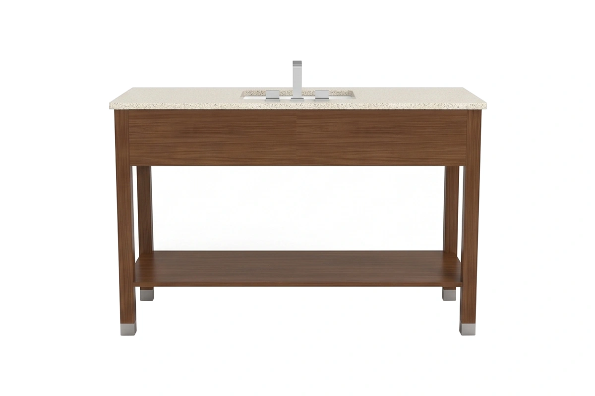 Minimalist compact vanity station featuring a flush geometric frame and an uninterrupted visual flow to optimize high-traffic powder rooms
