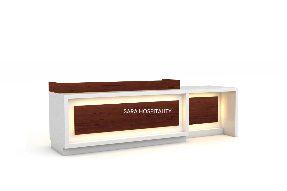 Minimalist open-leg reception station providing a spacious interior desk layout supported by a high-durability, geometric metal perimeter frame
