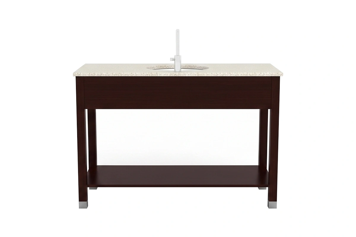 Minimalist linear vanity station featuring a low-profile frame and an uninterrupted visual flow across its polished, uniform solid surface