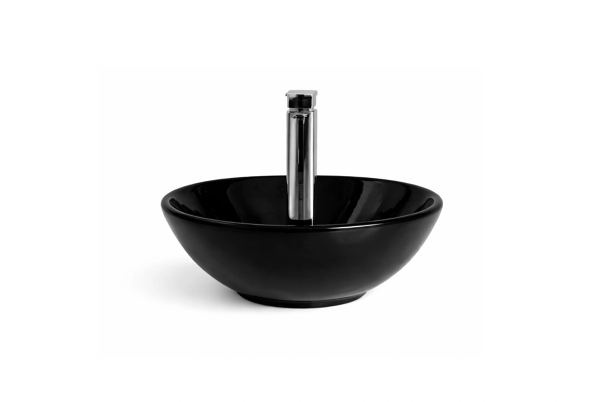 Contemporary bathroom washbasin with a square profile and subtle, soft-radius edges in a matte finish