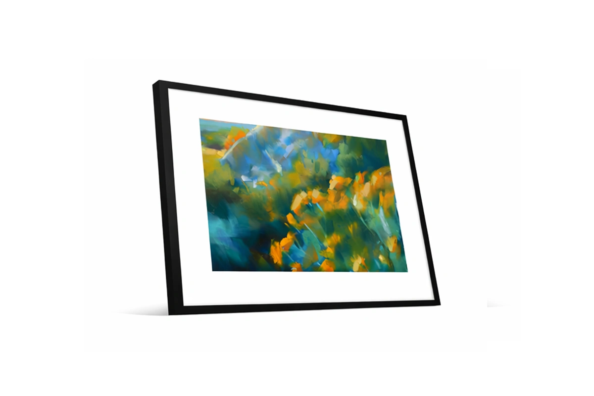 "Modern floral artwork featuring a dynamic composition of colorful blossoms in loose, fluid strokes