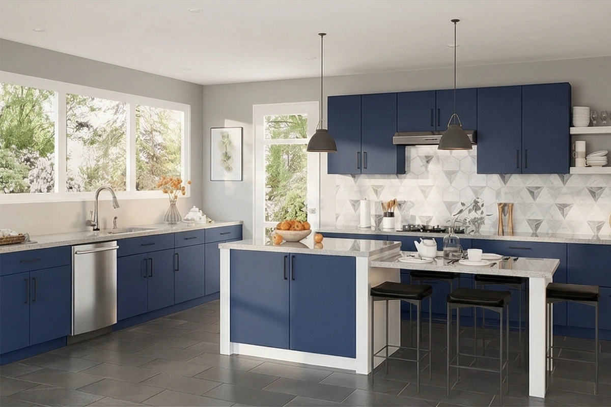 Minimalist linear kitchen storage featuring flush-front panels and an integrated aesthetic designed for a high-traffic, multi-functional living space
