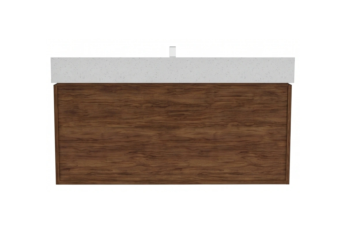 Contemporary horizontal-line vanity unit with a sturdy monolithic top and a hardware-free, wide drawer facade