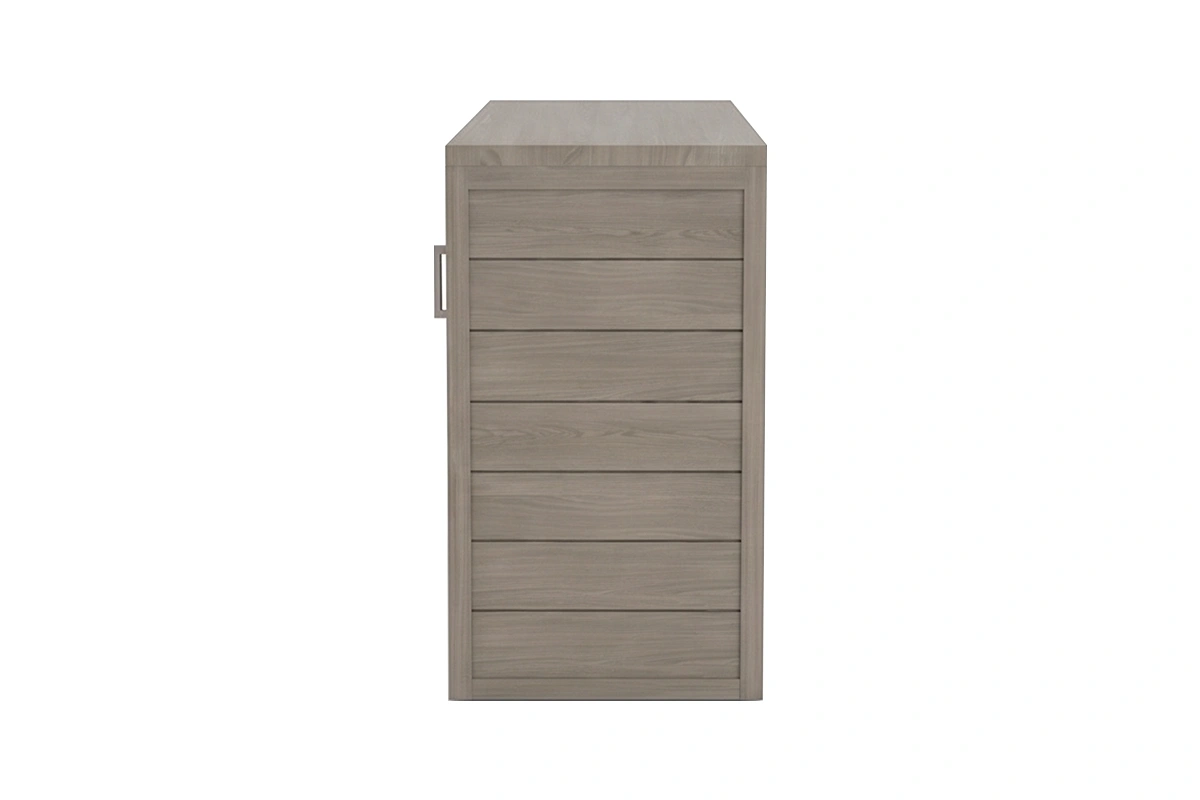 Minimalist gray tone server featuring high durability wood laminate and smooth sliding doors with open shelf area