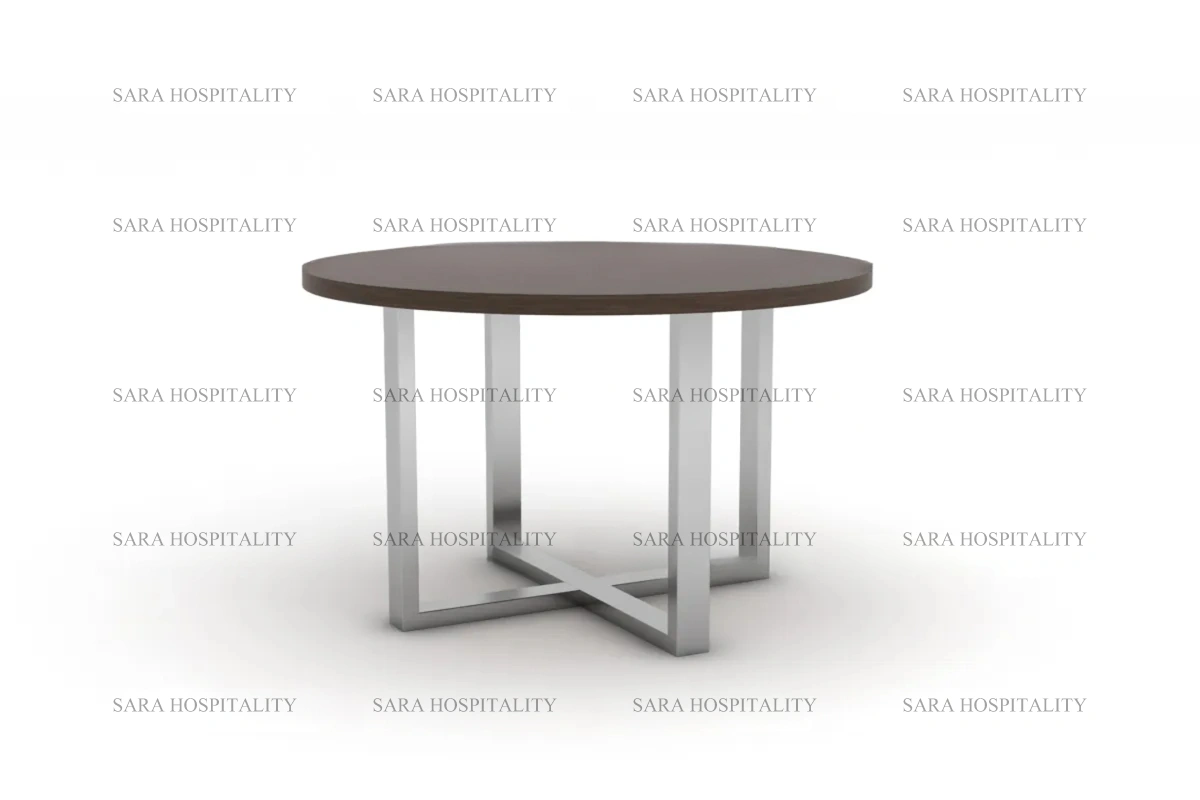 Modern round coffee table featuring a circular top and a distinctive cross-shaped pedestal base for architectural interest