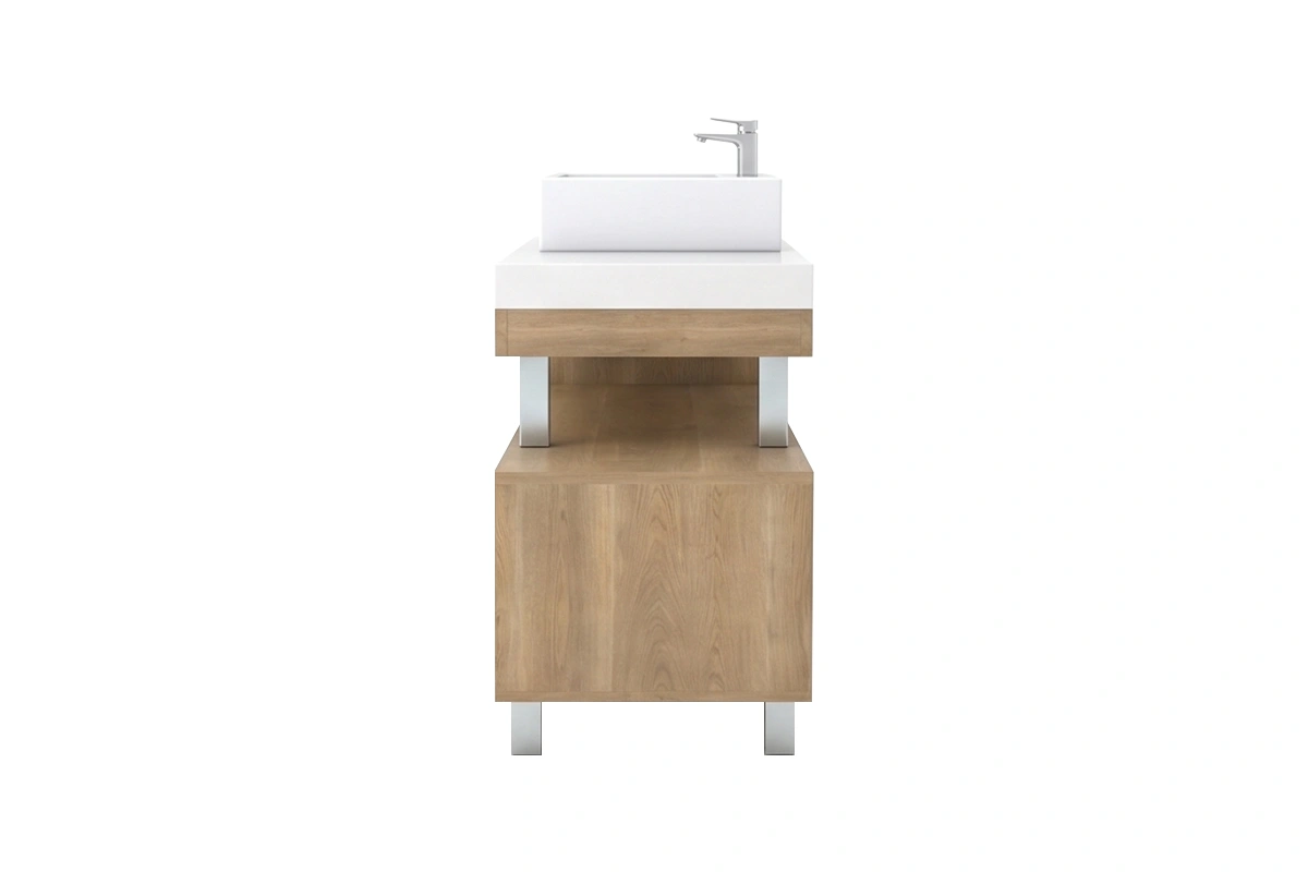 Minimalist extended-shelf vanity station offering a generous counter surface and a matching open-concept lower tier.